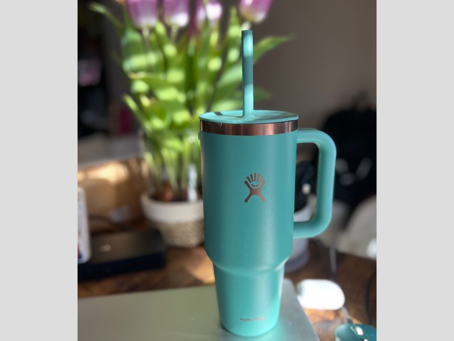 teal rosegold hydroflask tumbler on Mom desk workspace